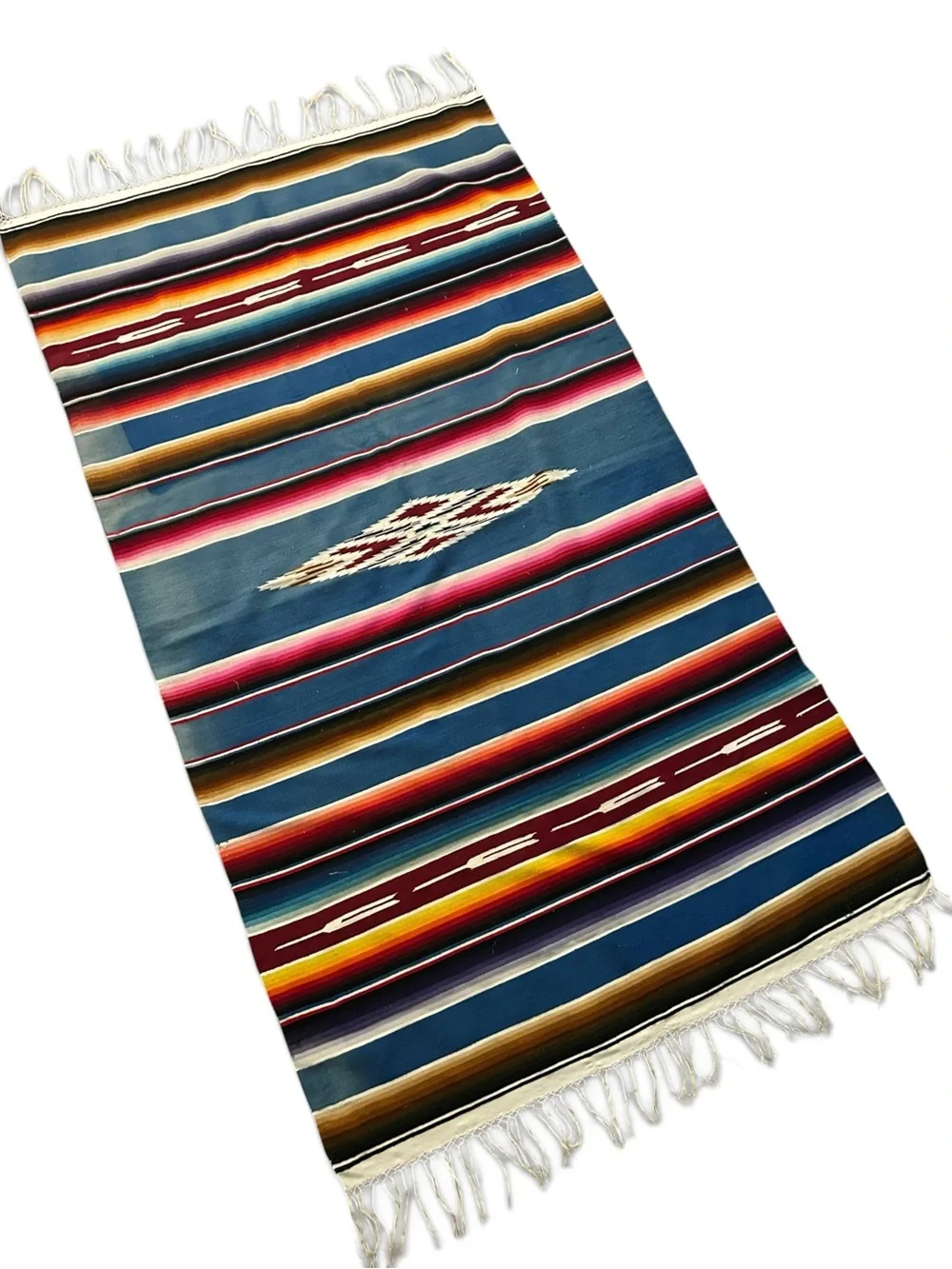 MCM Vintage Handwoven Blue Striped Mexican Serape Wool Blanket - Multi-Color